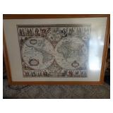 Antique Style World Hemisphere Map in Frame 39' x