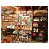 Large Lot of Contents of Shelves on Basement Wall