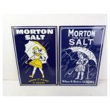 Lot of 2 Morton Salt Metal Enameled Repop Signs