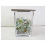 Lot of Glass Marbles in Square Glass Lidded Jar