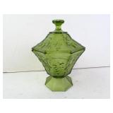 Vintage Olive Glass Embossed Candy Dish With Lid
