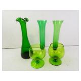 Lot of Vintage Emerald Glass Vases & Goblets