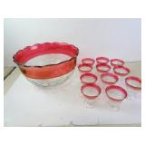 Large Vintage Ruby Crown Pattern Punch Bowl Set