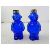 Pair of Vintage Cobalt Glass Spicy Bear Shakers