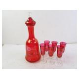 Vintage Etched Cranberry Glass Decanter with