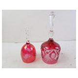 Lot of 2 Cranberry Glass Etched Bells - One is