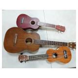Lot of 3 Worn Ukuleles - Bass & Soprano