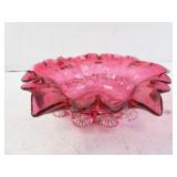 Vintage Cranberry Glass Crimped Edge Leaf Design