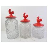 Lot of 3 Rooster Lid Glass Cannister Jars