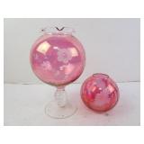Lot of 2 Vintage Cranberry Etched Glass Spherical