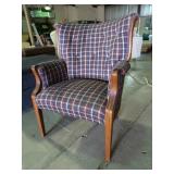 Plaid Upholstered Armchair with Wood Accents