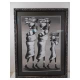 African Bark Cloth Painting of 3 Women in Frame
