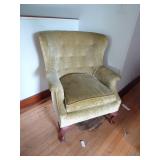 Vintage Yellow Green Velvet Wing Back Armchair