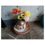 Antique Pitcher & Bowl w/ Faux Flowers
