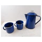 Blue Enameled Metal Mugs & Kettle