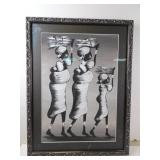 African Bark Cloth Painting of 3 Women in Frame