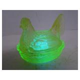 Vintage Uranium Glass Small Lidded Chicken Dish -
