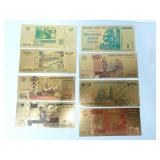 Eight Gold Plated Novelty Foreign Notes