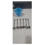 Small Hazel atlas pitcher and souvenir spoons