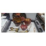 Painted wood bowls, spoons, and platter