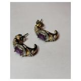 Gold tone silver  purple stone earrings marked
