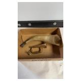 Vintage powder horn, and brass and copper bulge