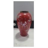 Japanese brass, red enamel, and abalone vase
