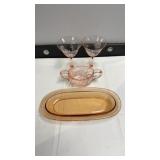 Pink depression glass and pourer cup and tea and Pink depression glass and pourer cup and tea and