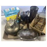 Silver-plated serving pieces, napkin holders, Silver-plated serving pieces, napkin holders,