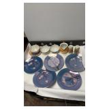 Blue lustreware tea set plates and salt and Blue lustreware tea set plates and salt and