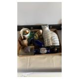 Assortment of glass ware, china cat bank, blue Assortment of glass ware, china cat bank, blue