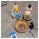2 cookie jars, wood nut bowl and pipe 2 cookie jars, wood nut bowl and pipe