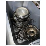 Mix of silver plate servingware in large tote Mix of silver plate servingware in large tote
