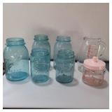 5 blue ball jars, evenflo pitcher, small lidded 5 blue ball jars, evenflo pitcher, small lidded