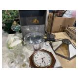 Pressure cooker, oil lamp, clock, candle holders, Pressure cooker, oil lamp, clock, candle holders,