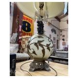 Hurricane lamp, w/ milk glass globe & cast metal Hurricane lamp, w/ milk glass globe & cast metal