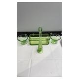Rare green glass vase, pink depression glass set Rare green glass vase, pink depression glass set