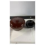 2 at stoneware brown dish with lid and black 2 at stoneware brown dish with lid and black