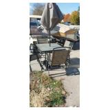 Patio table set with 4 chairs, umbrella and stand