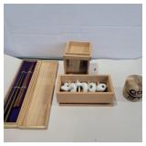 Oriental wood puzzle, chopsticks, white birds and
