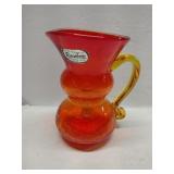 Rainbow hand blown crackle Orange pitcher 5.5"