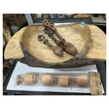 Hand-carved wooden platter & 3 hand-carved wooden