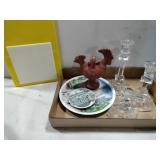 Flat of glassware candle holders plates