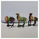 3 tang dynasty style glazed porcelain horses 6in