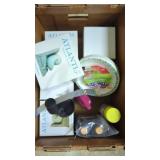 Box of New stuff mostly, rechargeable fan, New