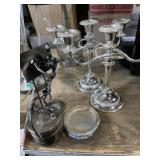 Metal home decor, including two candleholders,