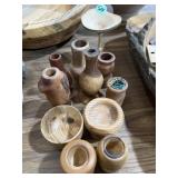 Miscellaneous wooden vessels and candle holders
