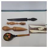 Hand carved letter opener, honey stick, spoon,