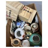 Oriental boxes, planters, vases, and teapots