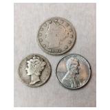 V nickel ,Mercury dime ,steel penny